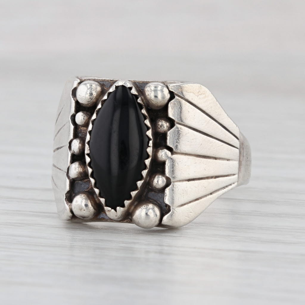 Vintage Native American Onyx Cabochon Ring Sterling Silver Size 11.5