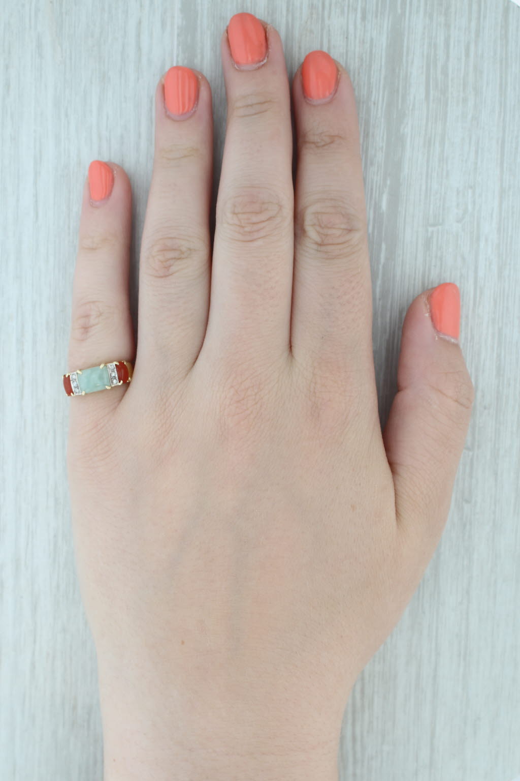 Gray Green Orange Jadeite Jade Ring 14k Yellow Gold Diamond Accents Size 7.25