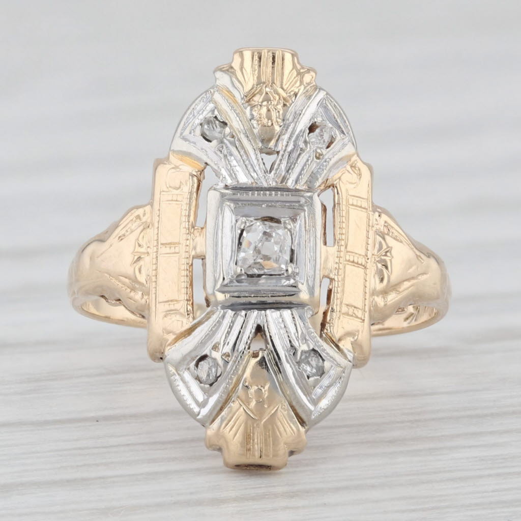 Light Gray Vintage Diamond Ring 14k Yellow White Gold Size 3.5