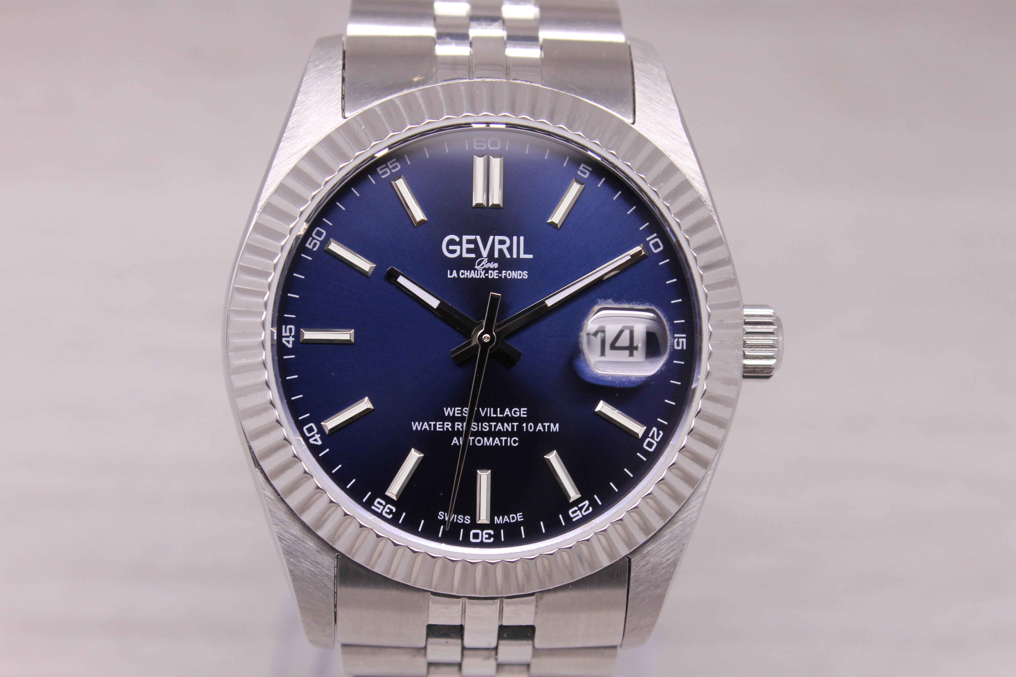 Gevril West Village Mens 40mm Steel Automatic Watch w/ Box Blue Dial 48900
