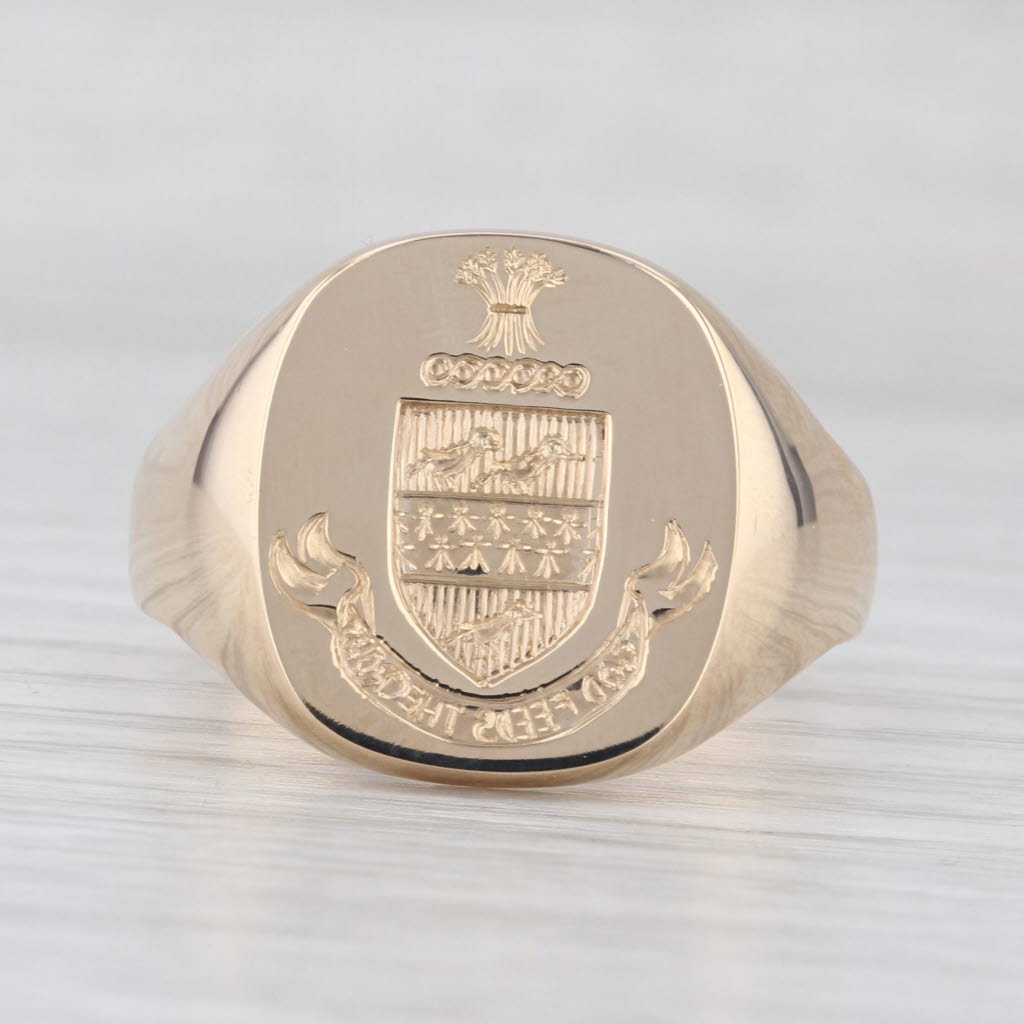 Vintage Church & Co Latin Coat of Arms Signet Ring 14k Yellow Gold Size 13