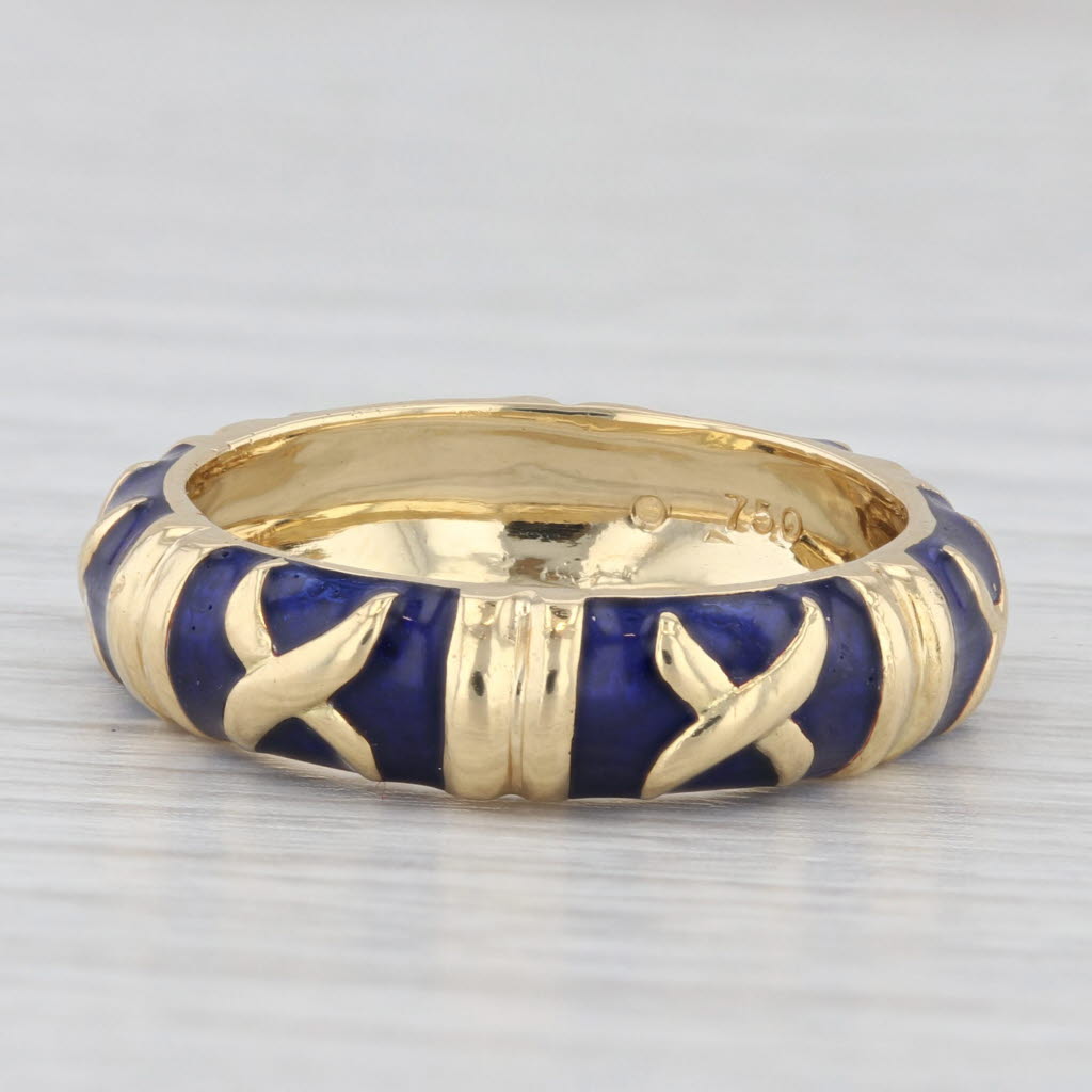 Light Gray Stackable Blue Enamel X Pattern Ring 18k Yellow Gold Band