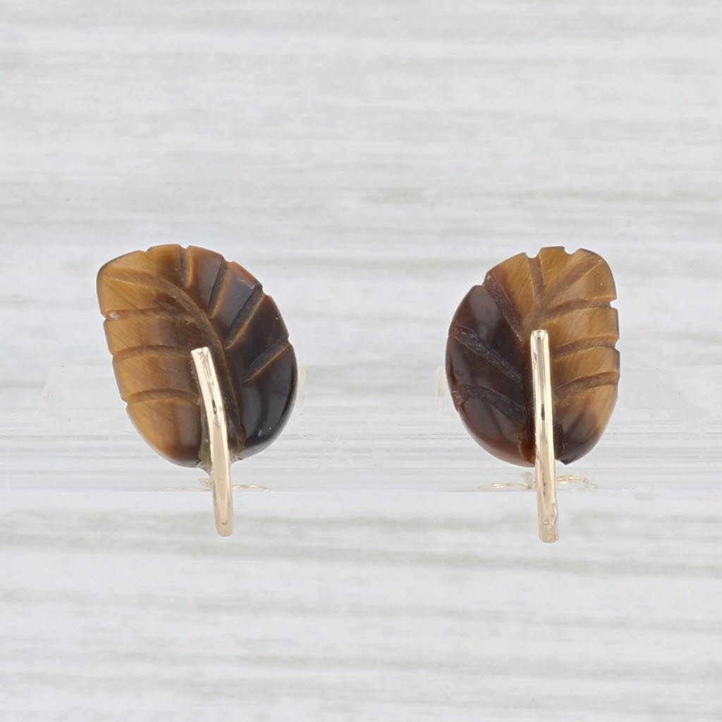 Light Gray Vintage Carved Leaf Tiger's Eye Stud Earrings 14k Yellow Gold