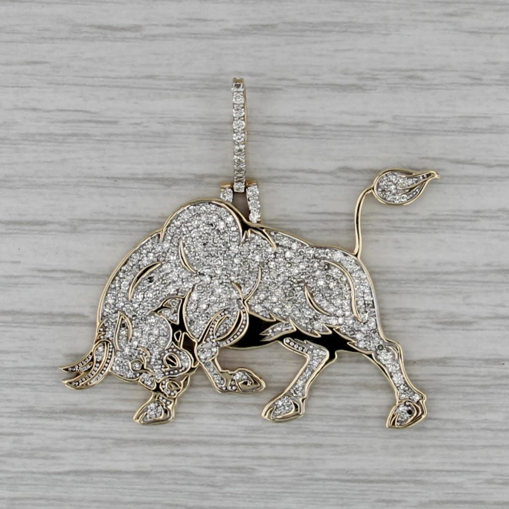 2.27ctw Pave Diamond Raging Charging Bull Pendant 10k Yellow Gold