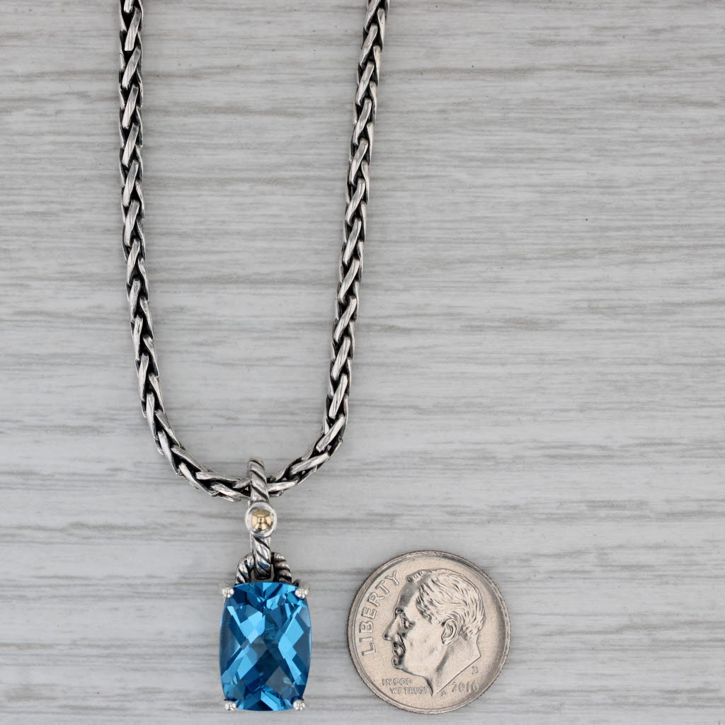 Gray Effy 7.60ct Blue Topaz Pendant Necklace Sterling Silver 18k Gold 18" Wheat Chain