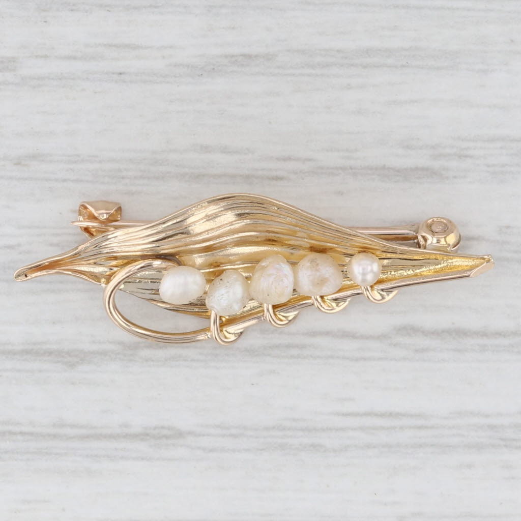 Baroque Pearl Leaf Pin 14k Yellow Gold Brooch