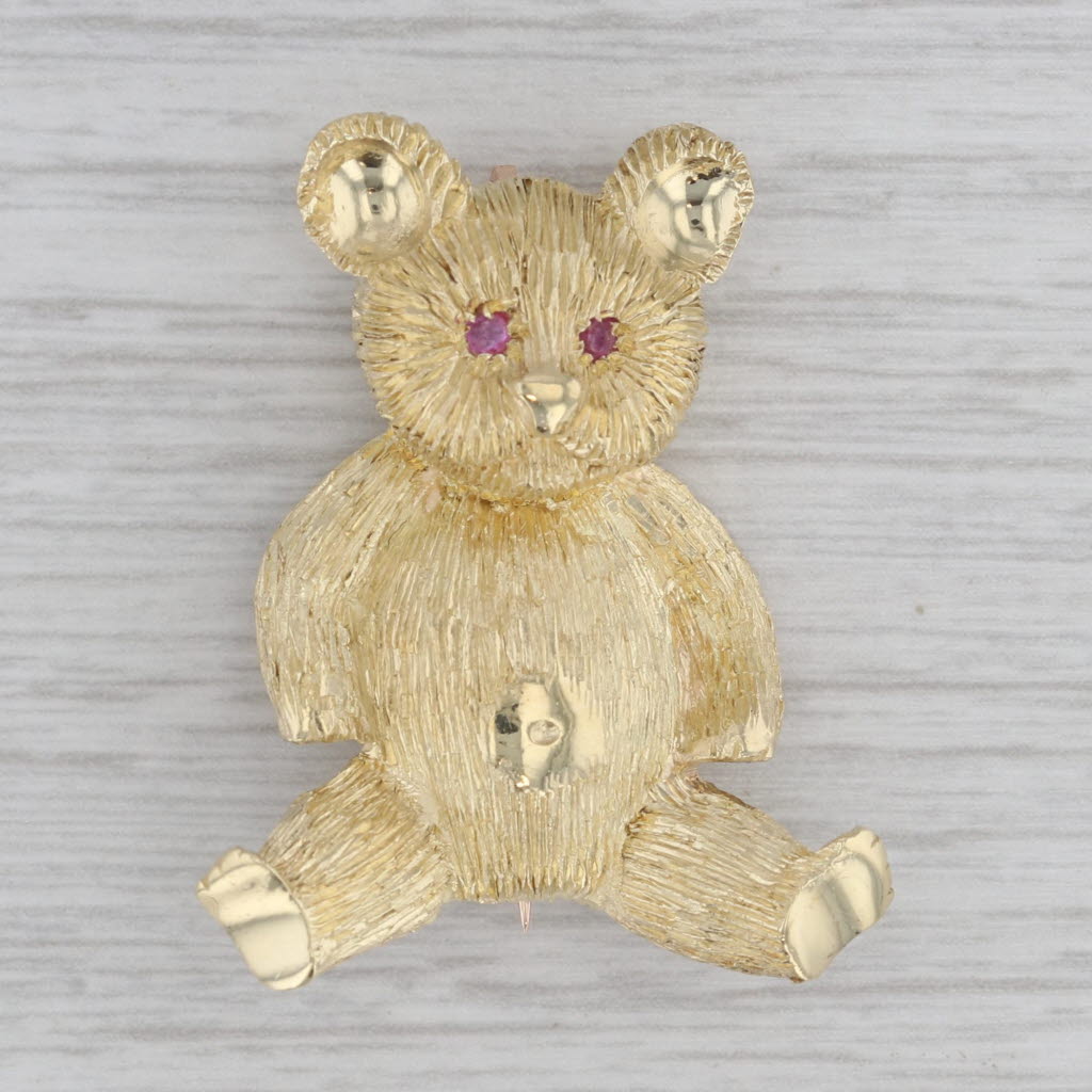 Gray Ruby Eyed Teddy Bear Brooch 18k Yellow Gold Pin