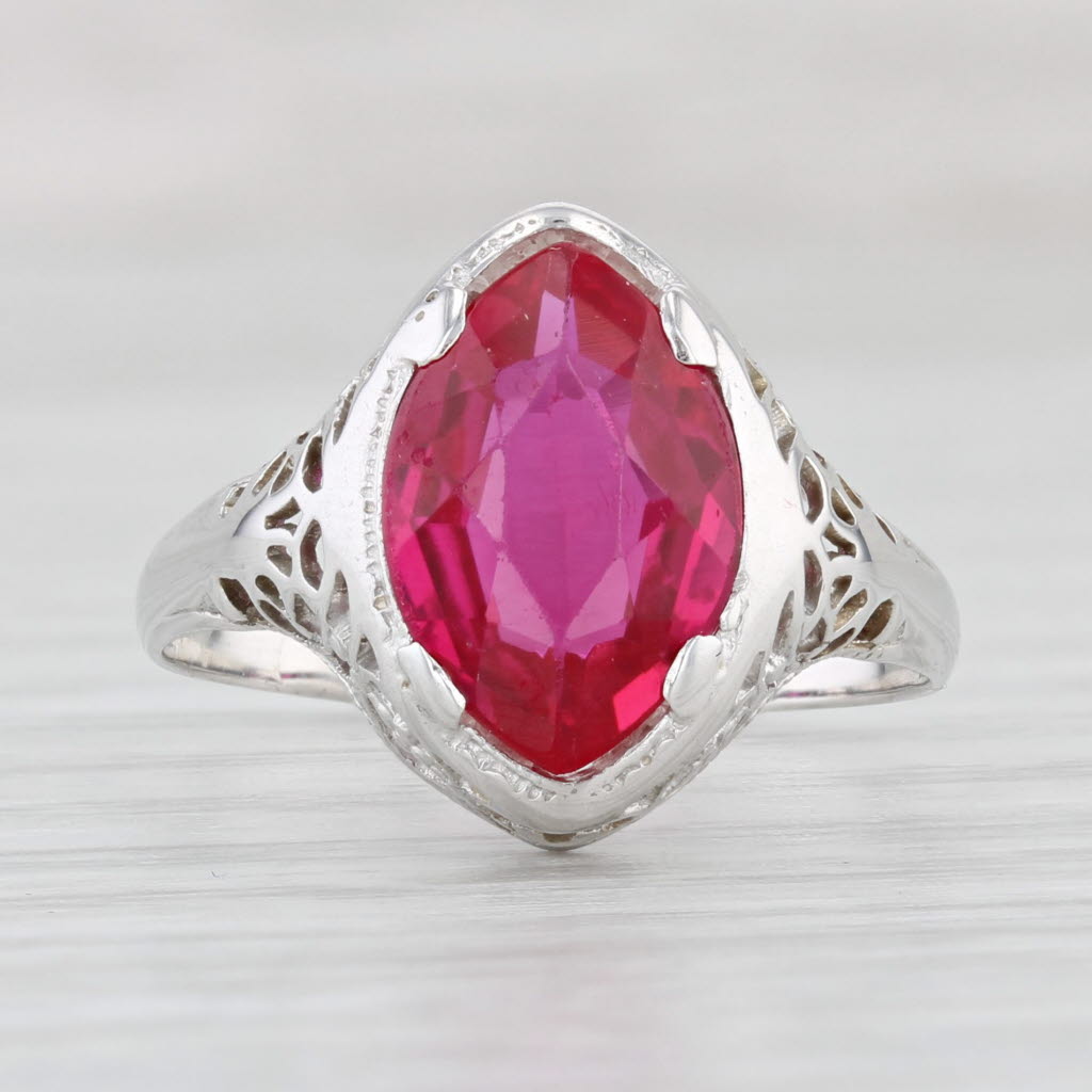 Light Gray Vintage 2.40ct Lab Created Ruby Ring 18k White Gold Size 7.75 Marquise Solitaire