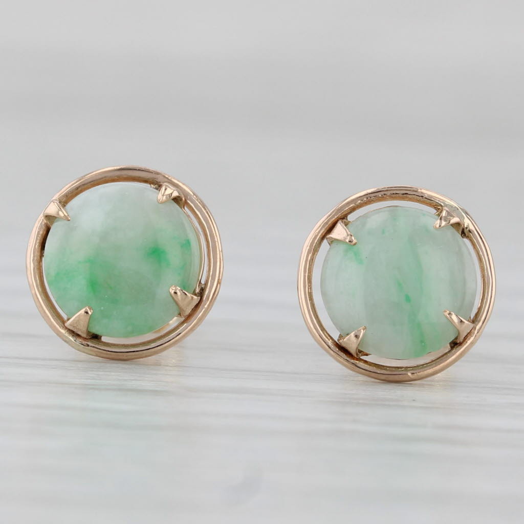 Gray Green Jadeite Jade Stud Earrings 14k Yellow Gold