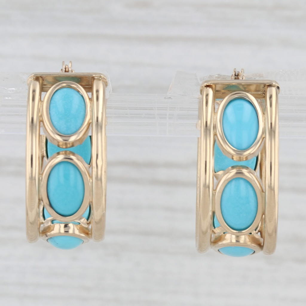 Light Gray Lab Created Turquoise Hoop Earrings 14k Yellow Gold Snap Top Round Hoops