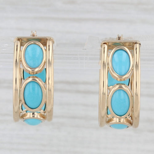 Light Gray Lab Created Turquoise Hoop Earrings 14k Yellow Gold Snap Top Round Hoops