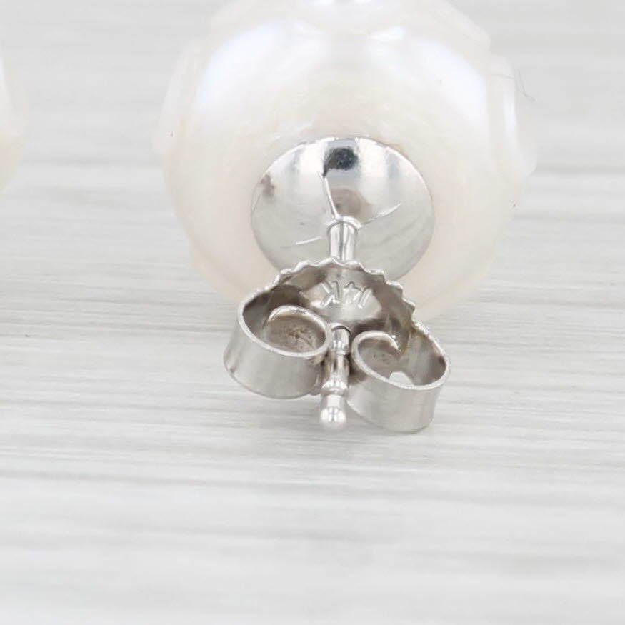 Light Gray New Cultured Pearl Carved Daisy Flower Diamond Stud Earrings 14k Gold Galatea