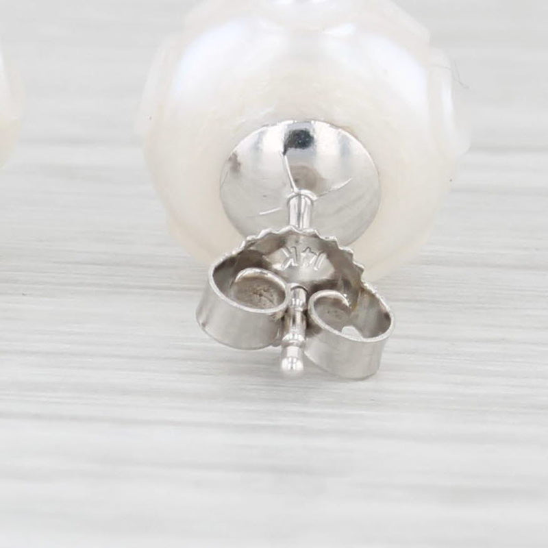 New Cultured Pearl Carved Daisy Flower Diamond Stud Earrings 14k Gold Galatea