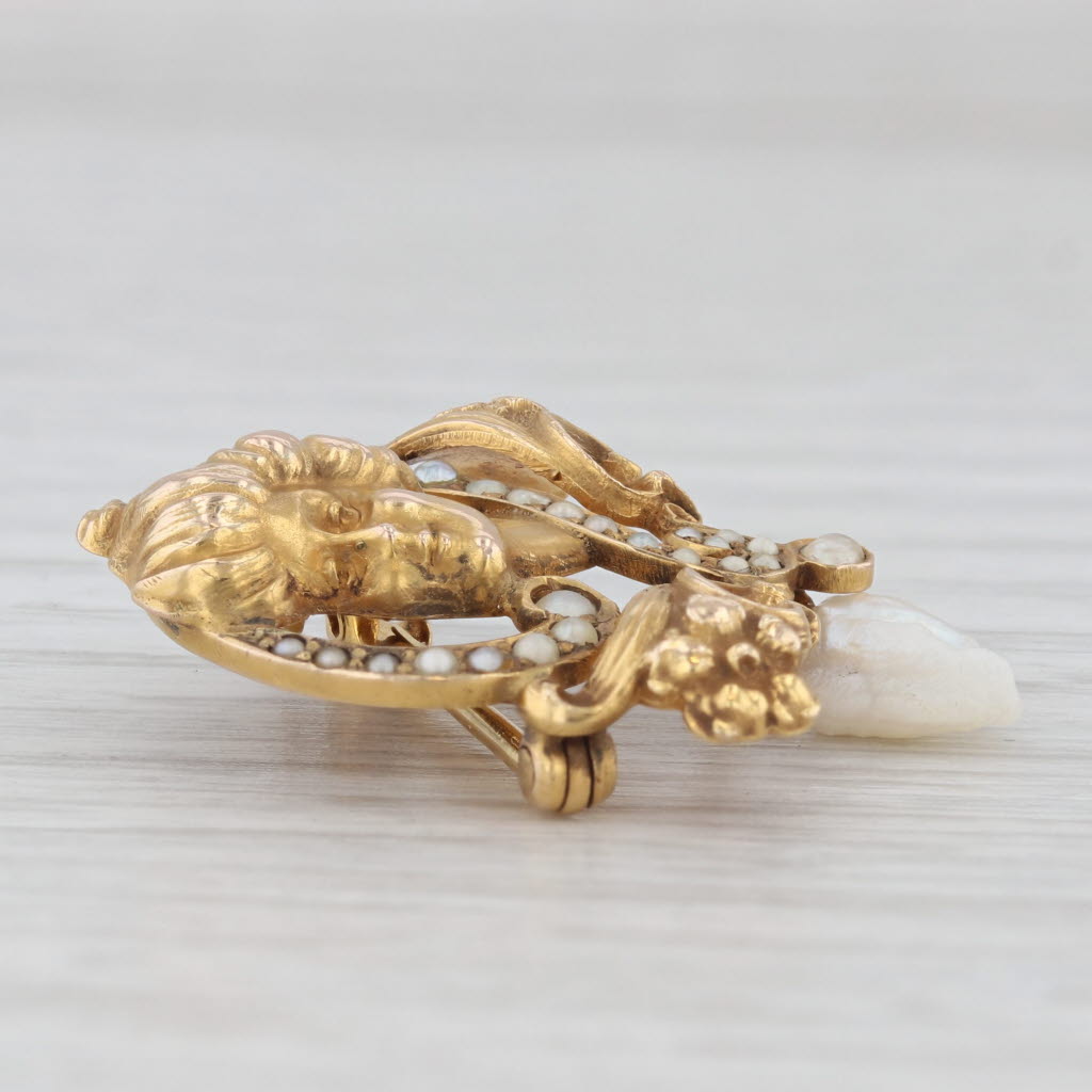 Light Gray Art Nouveau Figural Brooch 14k Yellow Gold Pearls Vintage Pin