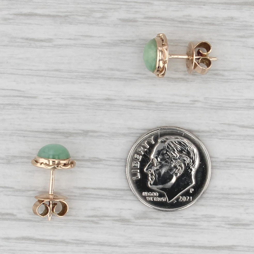 Green Jadeite Jade Stud Earrings 14k Yellow Gold Round Cabochon Studs
