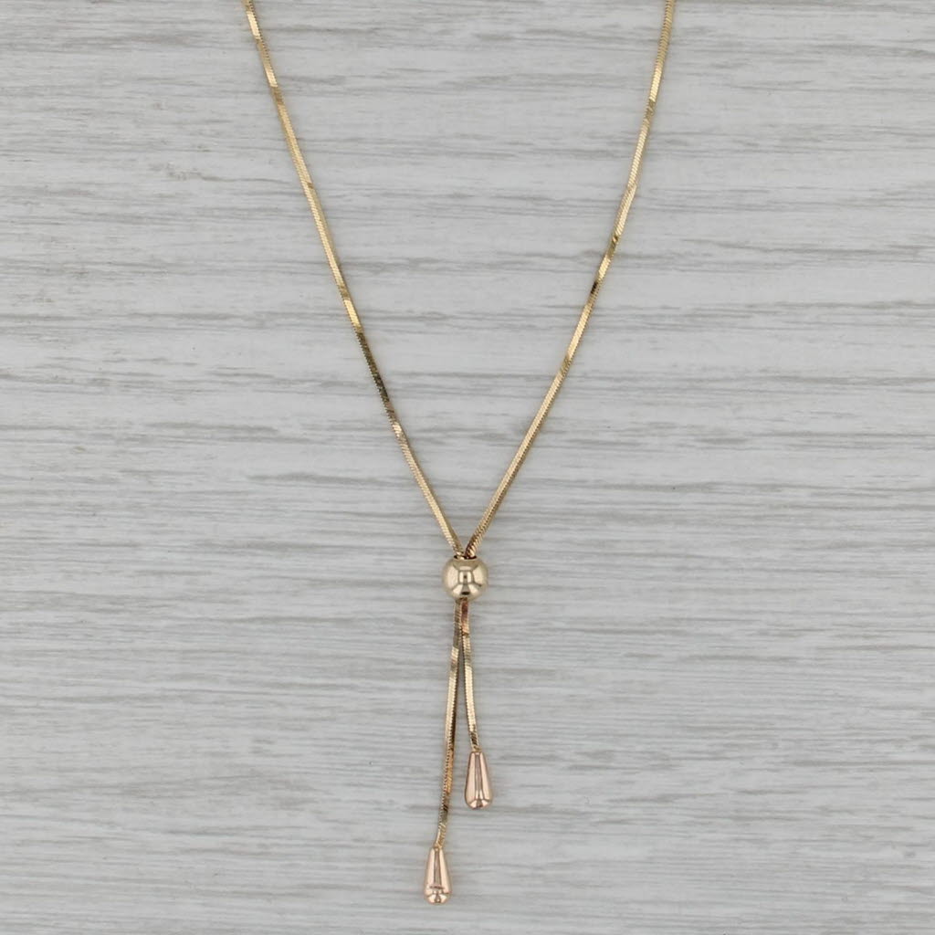 Boxy Snake Chain Lariat Teardrop Necklace 14k Yellow Gold 17.5"