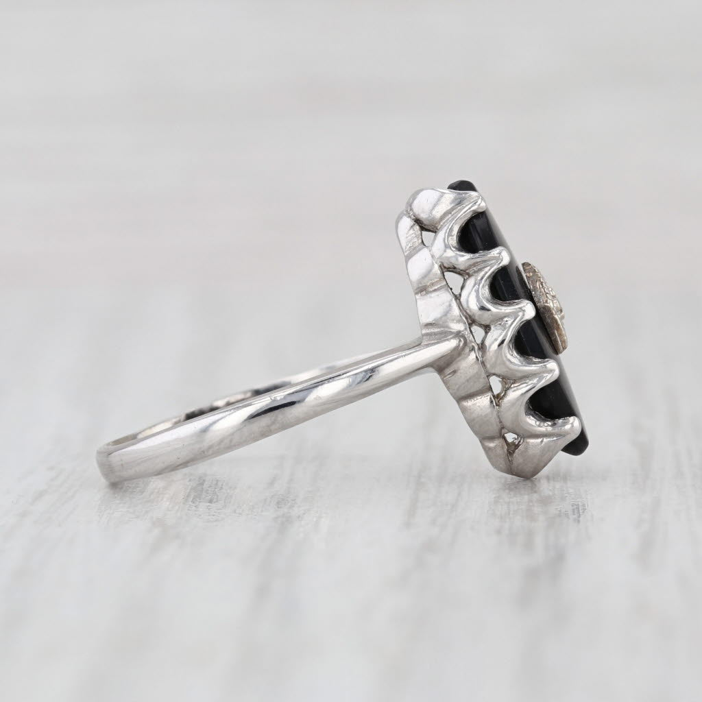 Vintage Navette Onyx Diamond Signet Ring 10k White Gold Size 7