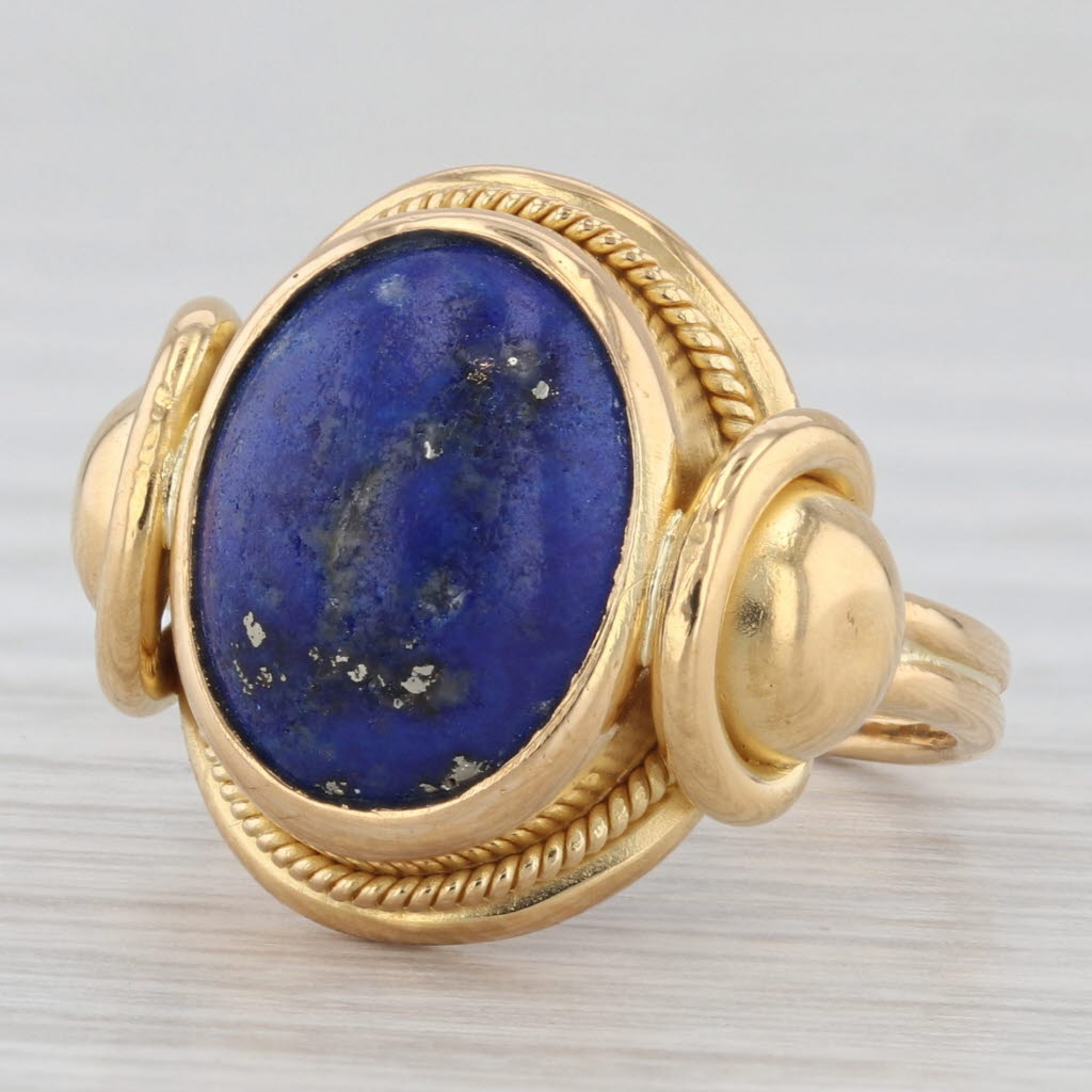 Gray Vintage Blue Lapis Lazuli Ring 22k Yellow Gold Size 5.5 Oval Cabochon Solitaire