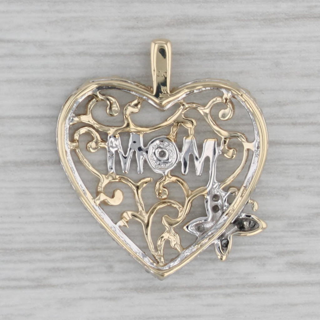 Gray Mom Floral Diamond Heart Pendant 10k Gold Openwork