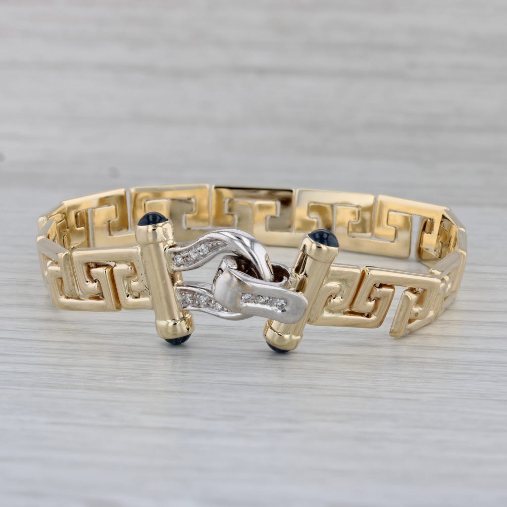 Gray Blue Sapphire Diamond Greek Key Chain Bracelet 14k Yellow Gold 7.25"