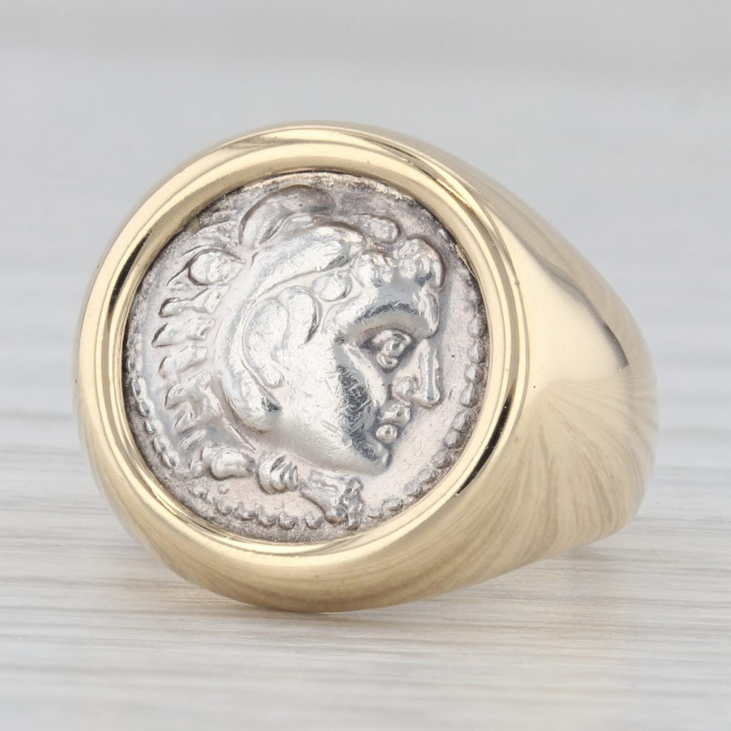 Light Gray Figural Coin Copy Ring 18k Yellow Gold Silver Size 4 Signet