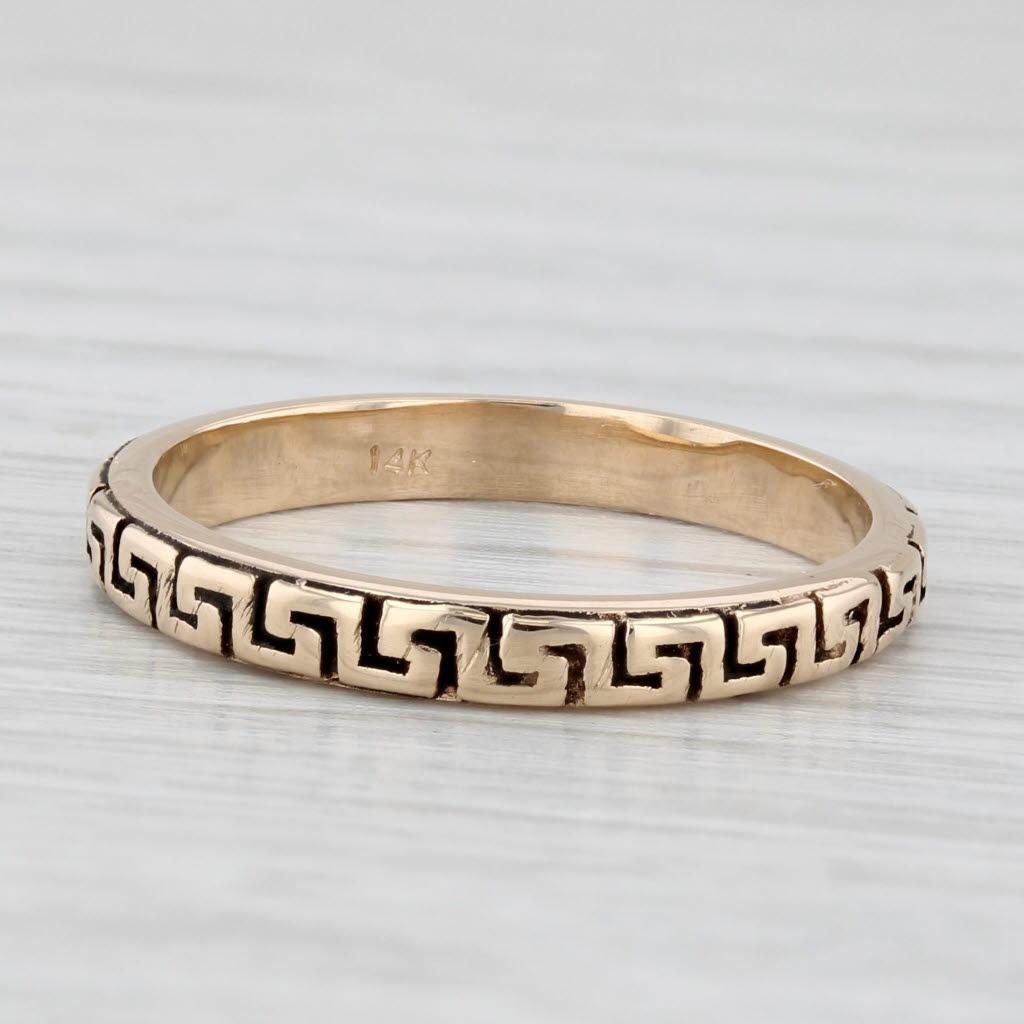 Light Gray Greek Key Pattern Ring 14k Yellow Gold Size 6.5 Stackable Band