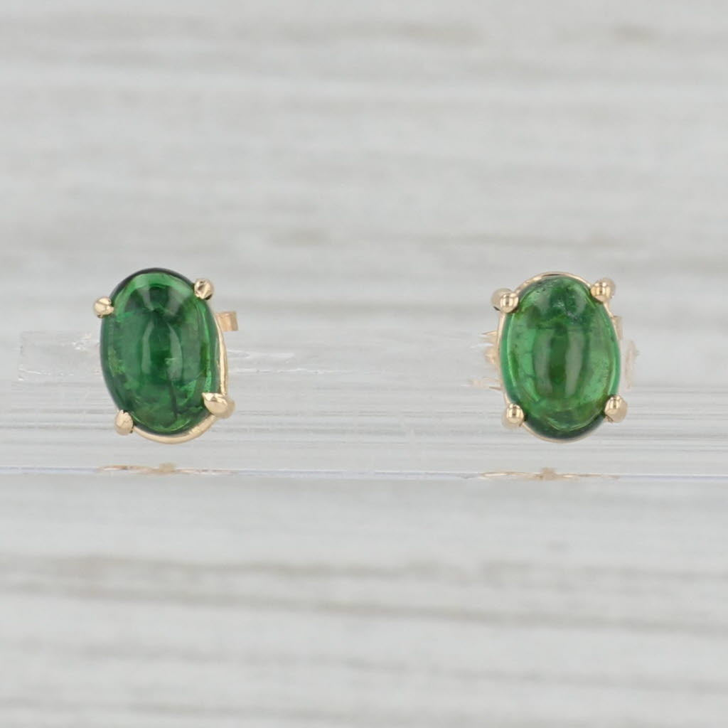 Light Gray Green Tsavorite Garnet Stud Earrings 14k Yellow Gold Oval Cabochon Studs