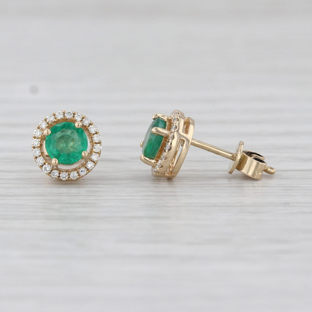 0.88ctw Emerald Diamond Halo Stud Earrings 14k Yellow Gold Round Studs