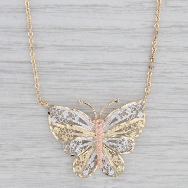 Filigree Butterfly Pendant Necklace 14k Yellow Rose White Gold 16.75" Chain