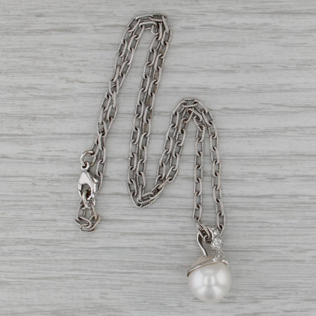 0.15ctw Diamond Cultured Pearl Pendant Necklace 18k White Gold 15.5" Cable Chain