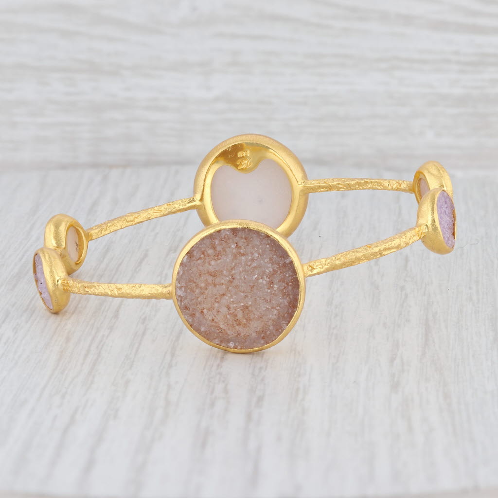 New Nina Wynn Bangle Bracelet Sand White Druzy Quartz 22k Vermeil Sterling