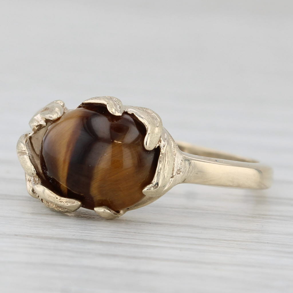 Light Gray Tiger's Eye Leaf Ring 10k Yellow Gold Size 6.25 Oval Cabochon