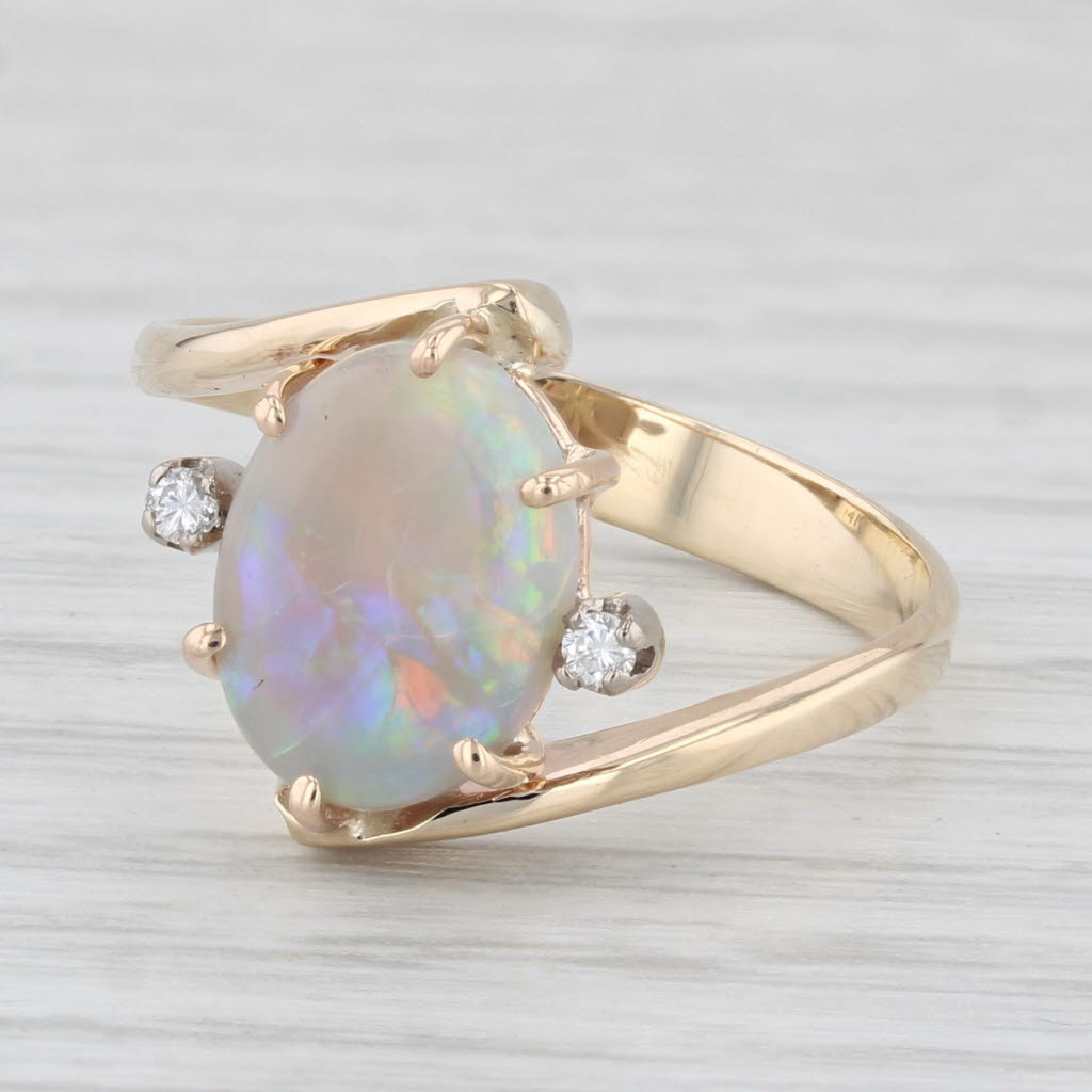 Light Gray Opal Diamond Bypass Ring 14k Yellow Gold Size 8