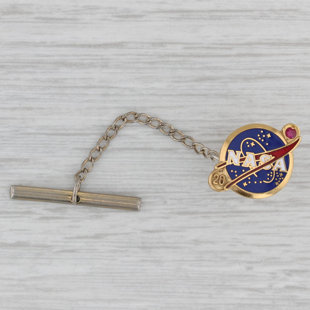 Gray NASA 20 Years Service Pin 10k Gold Enamel Synthetic Ruby Award Lapel Tie Tac