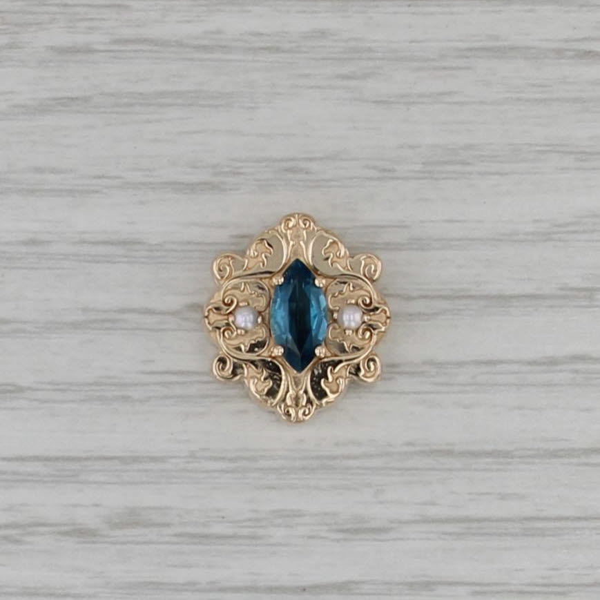 1.20ct London Blue Topaz Pearl Slide Bracelet Charm 14k Gold Ornate Daffer