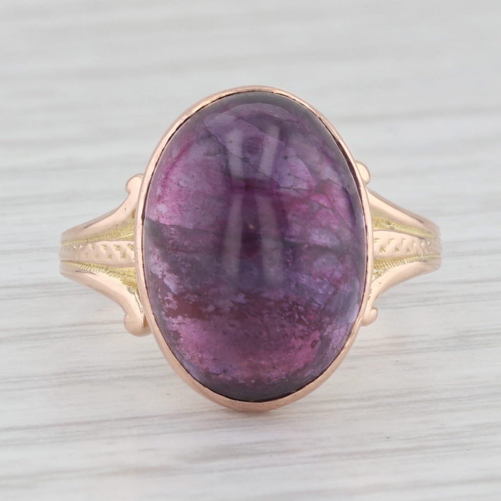 Light Gray Vintage Amethyst Oval Cabochon Solitaire Ring 14k Rose Yellow Gold Size 5.75