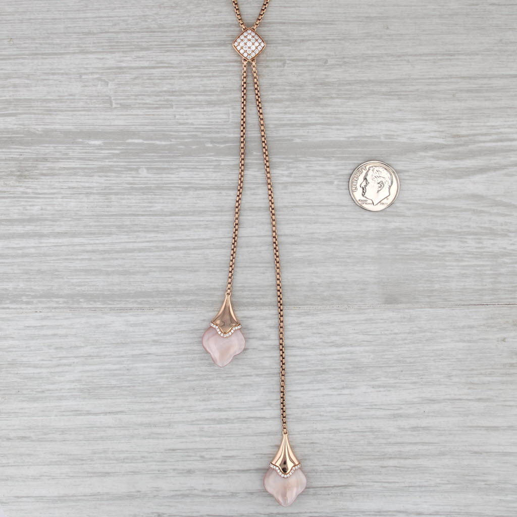 Krypell Pink Mother of Pearl 0.64ctw Diamond Lariat Pendant Necklace 18k Gold
