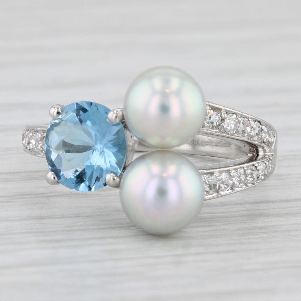 Light Gray Cultured Pearl 1.63ctw Blue Topaz Diamond Ring Platinum Size 6.5