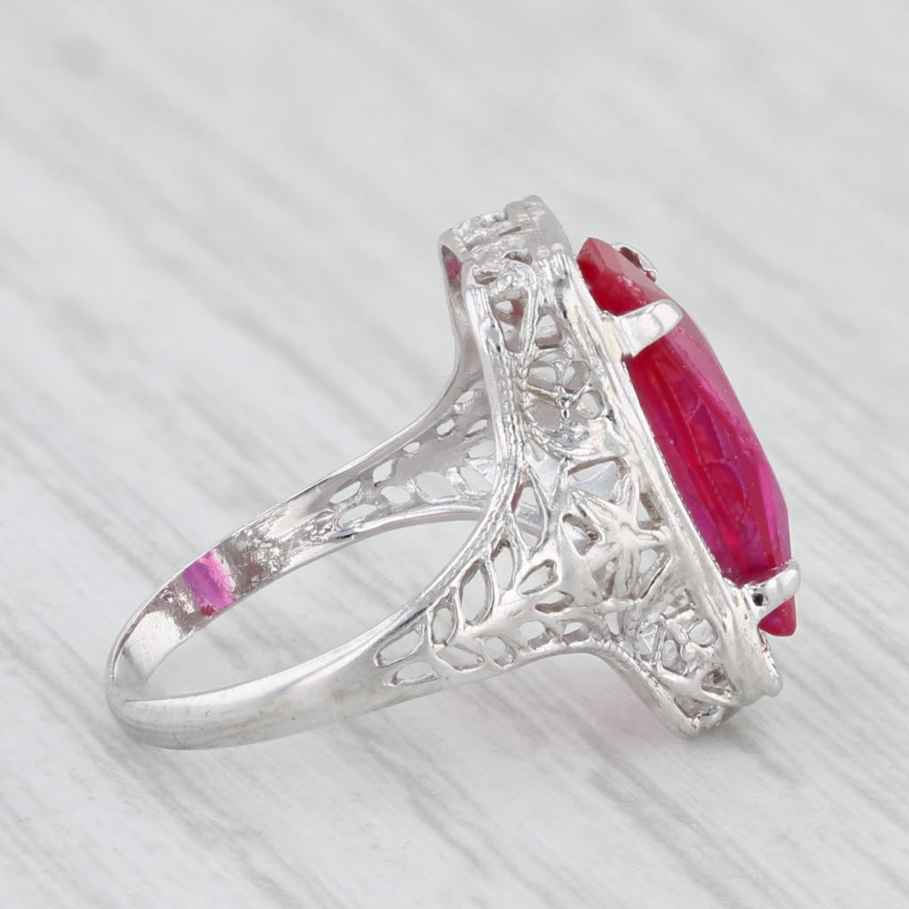 Light Gray Vintage 2.90ct Lab Created Ruby Solitaire Ring 10k White Gold Filigree Size 3.25