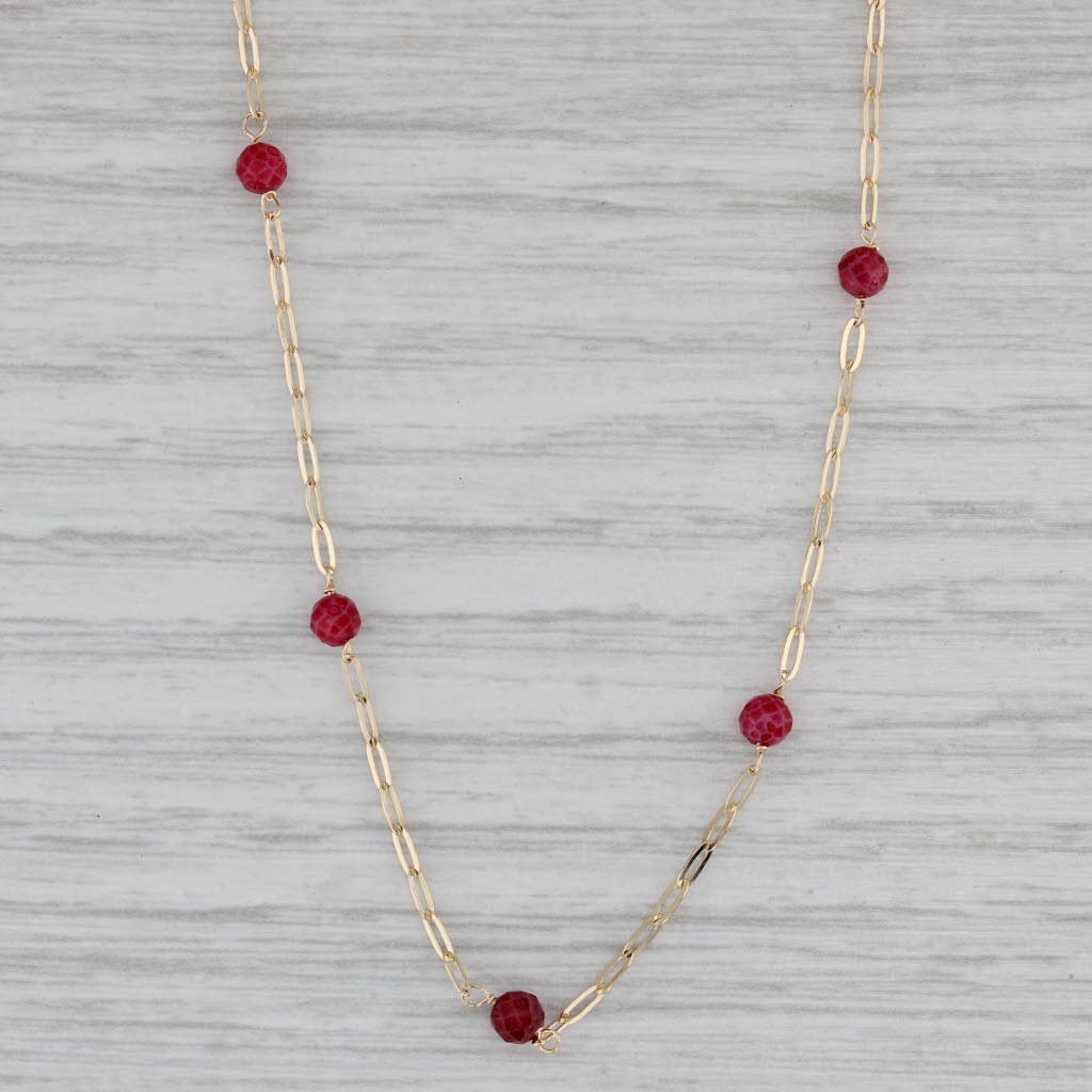 Gray Red Glass Bead Station Necklace 14k Yellow Gold 16" Cable Chain