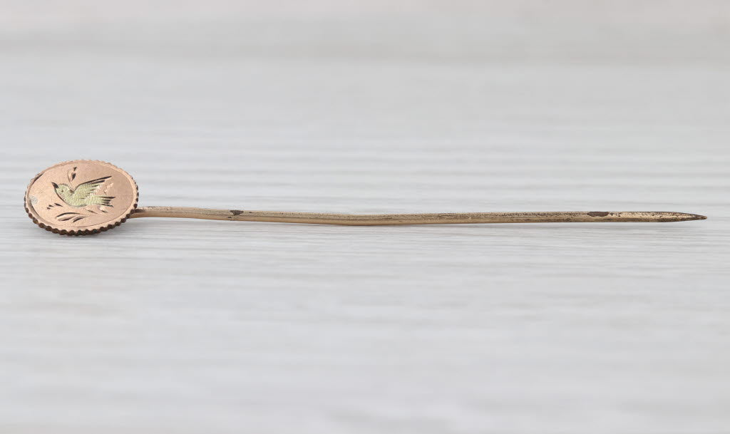 Antique Victorian Engraved Bird Stickpin Gold Filled Rose Yellow Green