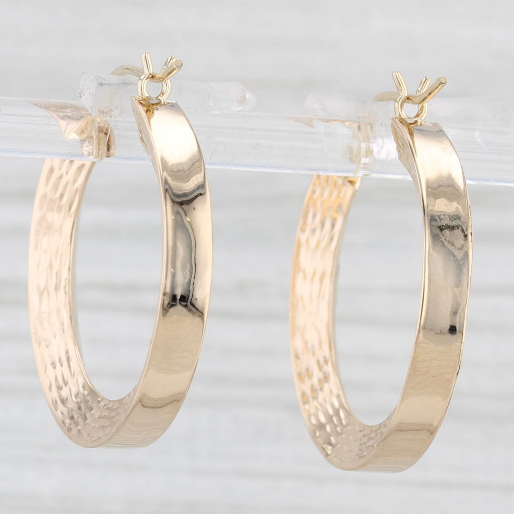 Light Gray Etched Beveled Hoop Earrings 14k Yellow Gold Snap Top Round Hoops