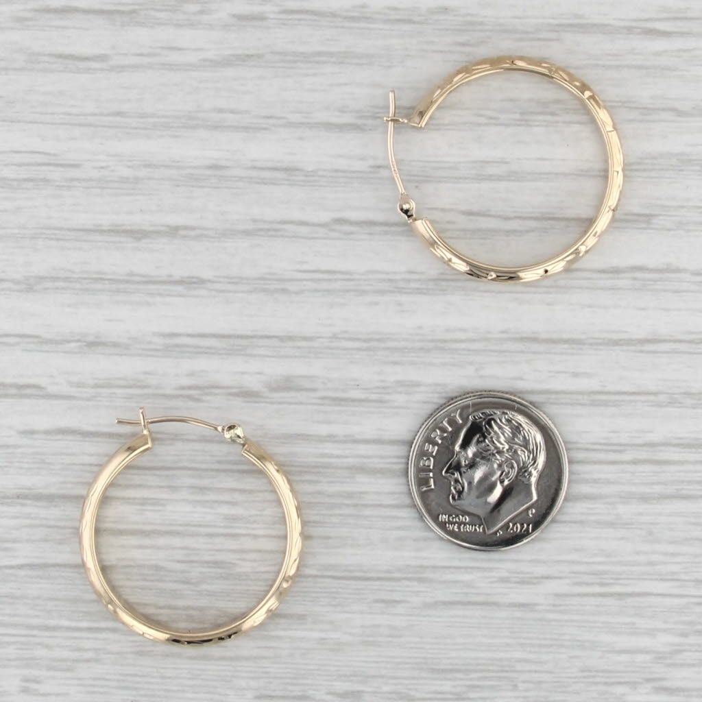 Etched Hoop Earrings 14k Yellow Gold Snap Top Round Hoops