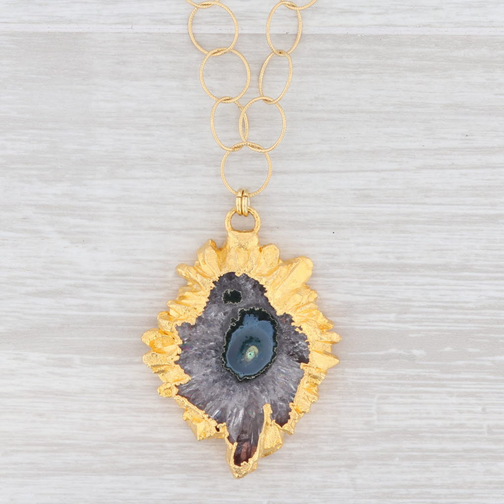 New Nina Wynn Geode Amethyst Pendant Necklace Sterling Gold Vermeil 19.5"