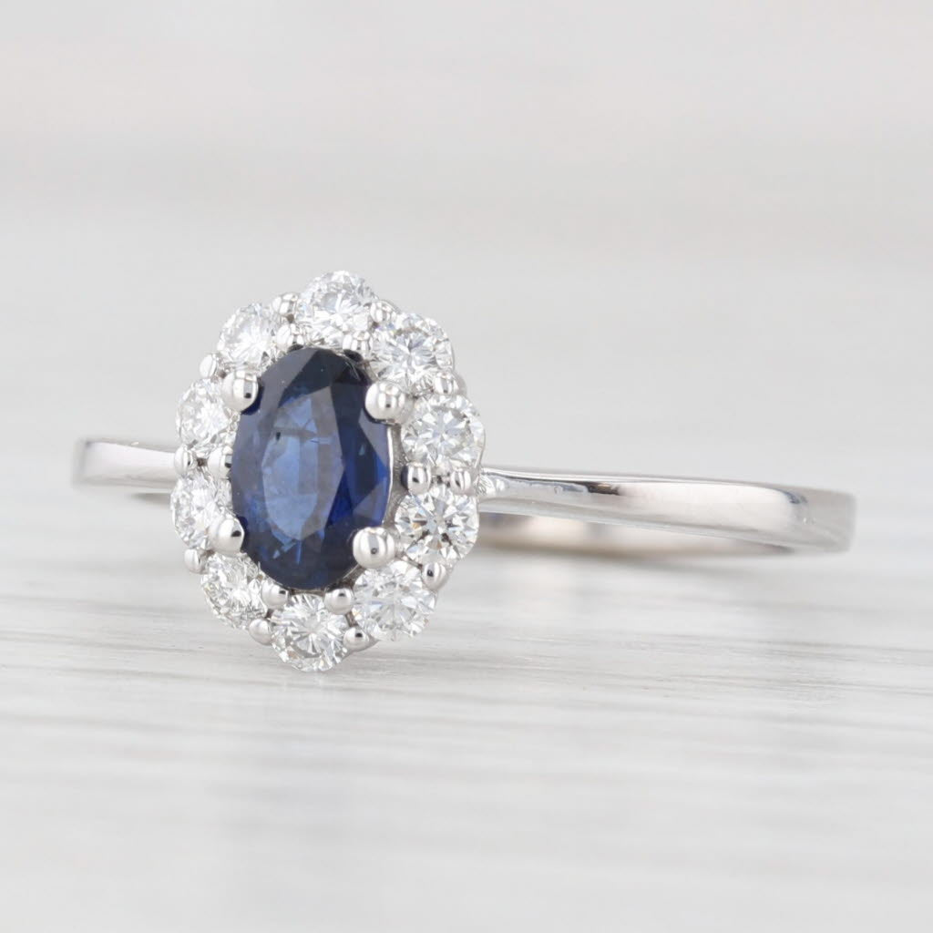 0.70ctw Oval Blue Sapphire Diamond Halo Ring 14k White Gold Size 6.5 Engagement