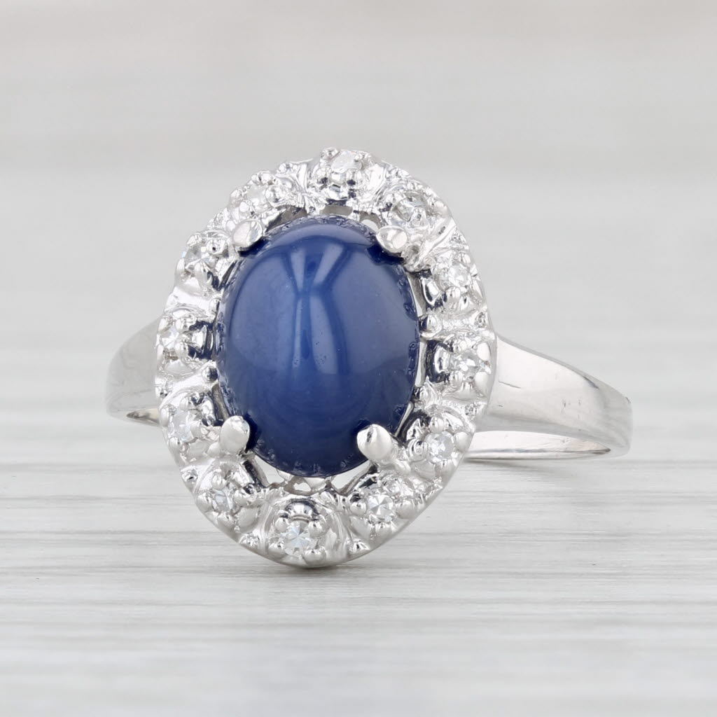 Light Gray Lab Created Star Sapphire Diamond Halo Ring 14k White Gold Sz 6.25 Oval Cabochon