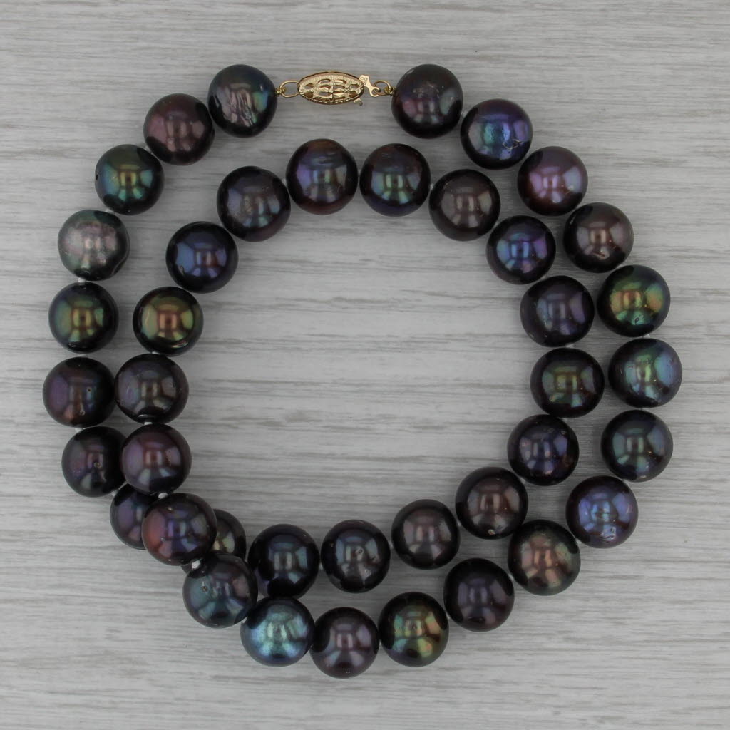 Iridescent Black Cultured Pearl Single Strand Bead Necklace 14k Gold Clasp