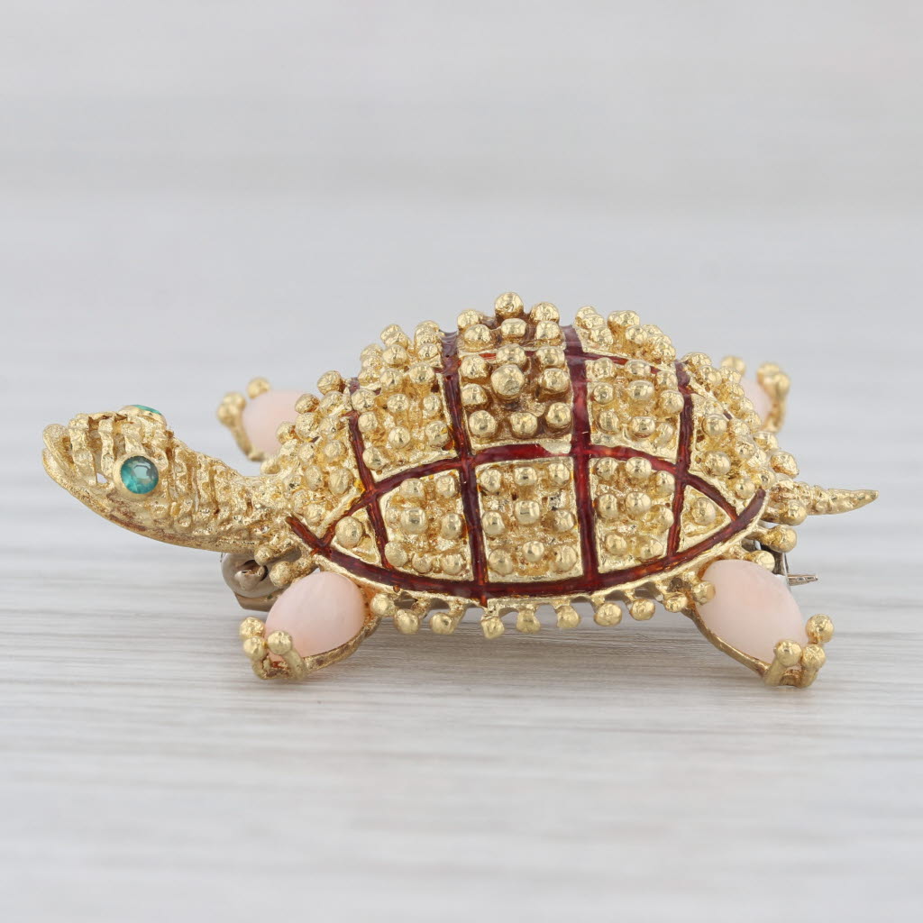 Light Gray Turtle Brooch 14k Yellow Gold Coral Green Chalcedony Vintage Pin