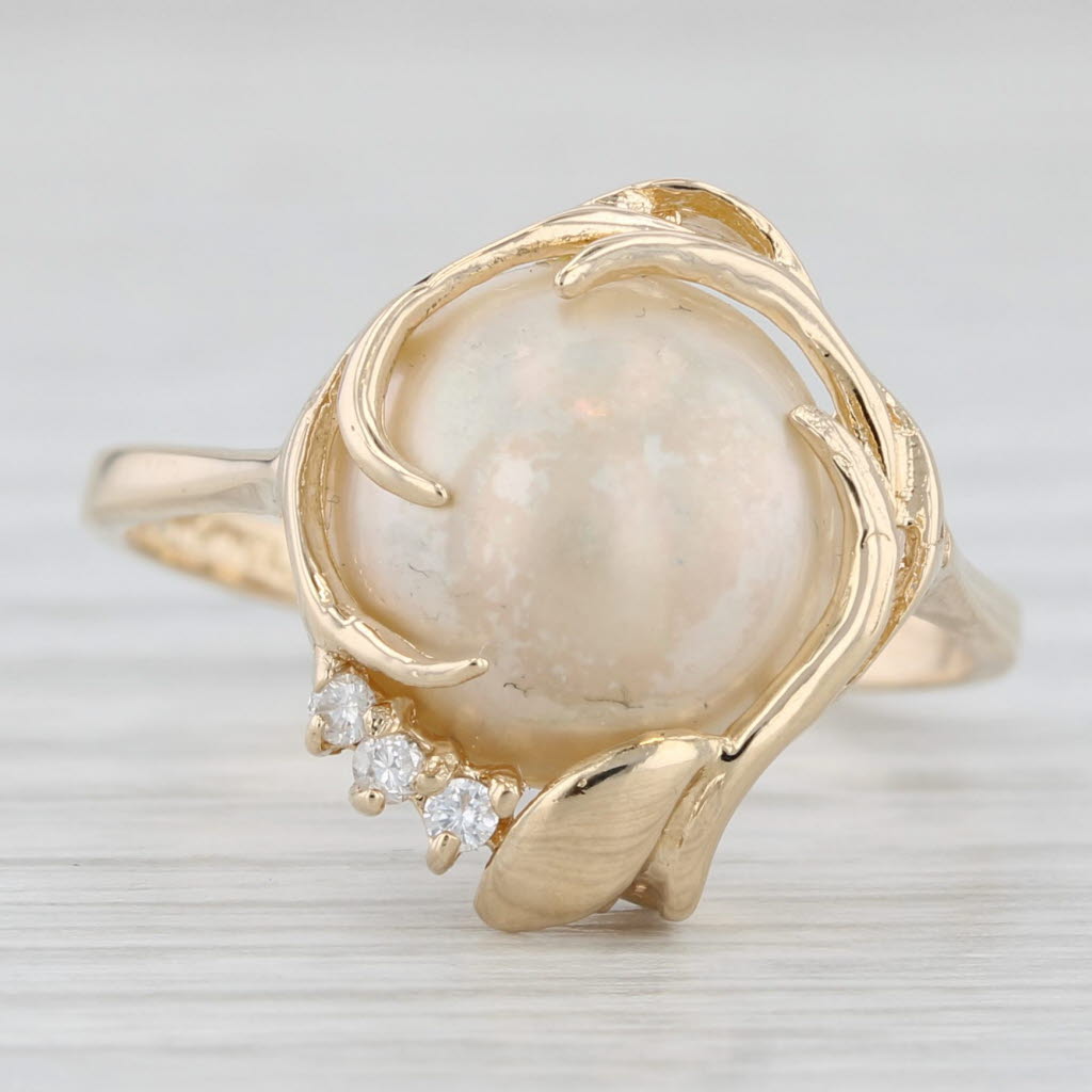 Light Gray Vine Framed Mabe Pearl Diamond Ring 14k Yellow Gold Size 9.25