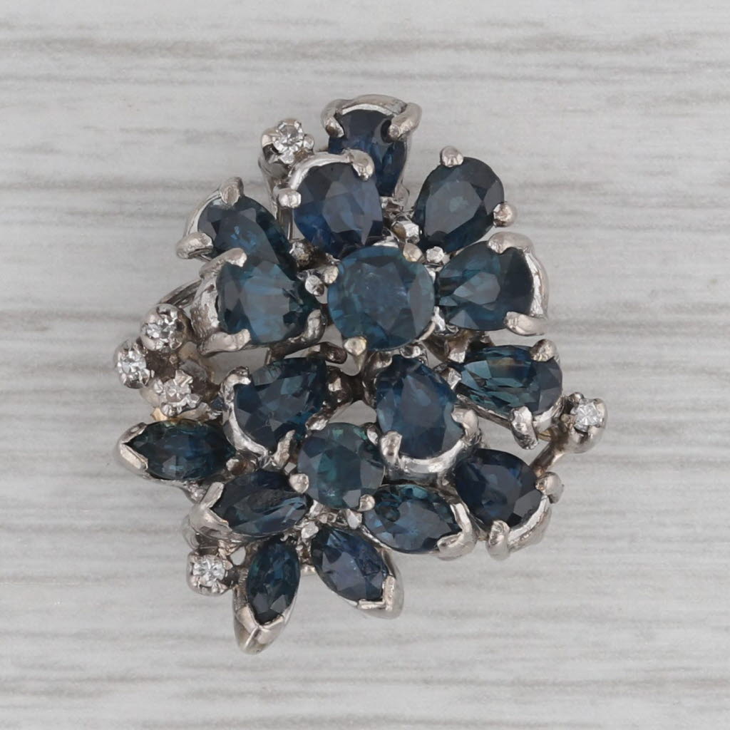 Gray 4.80ctw Blue Sapphire Diamond Cluster Pendant Brooch 9k White Gold Pin